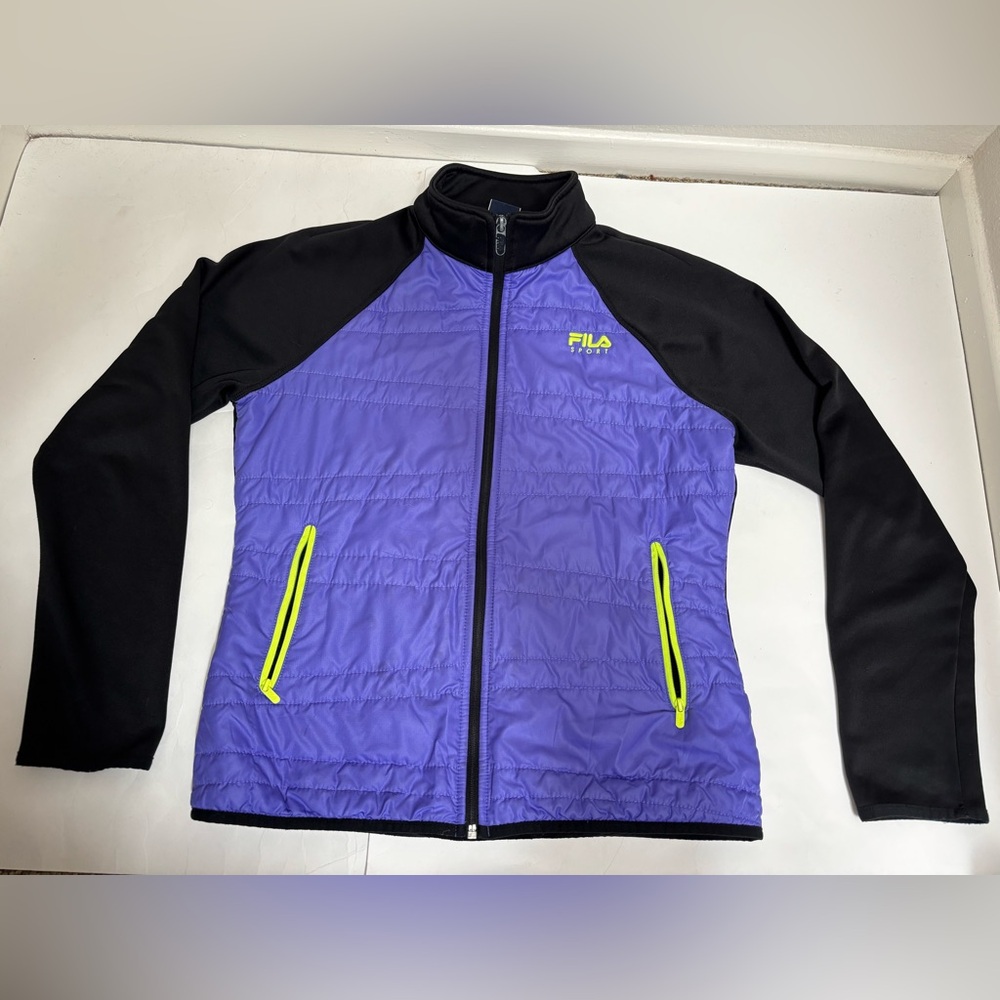 Fila Sport lightweight jacket black purple neon green size medium M quilted 90s - Picture 4 of 14